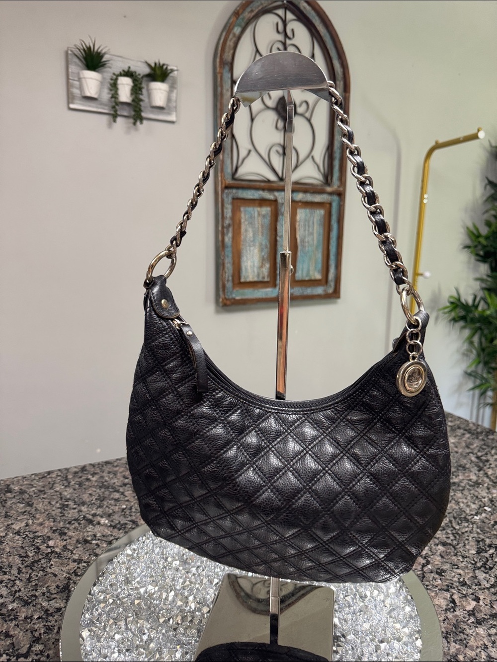 The Sak Black Quilted Leather Shoulder Bag with Brass Medallion chain strap - Picture 2 of 13